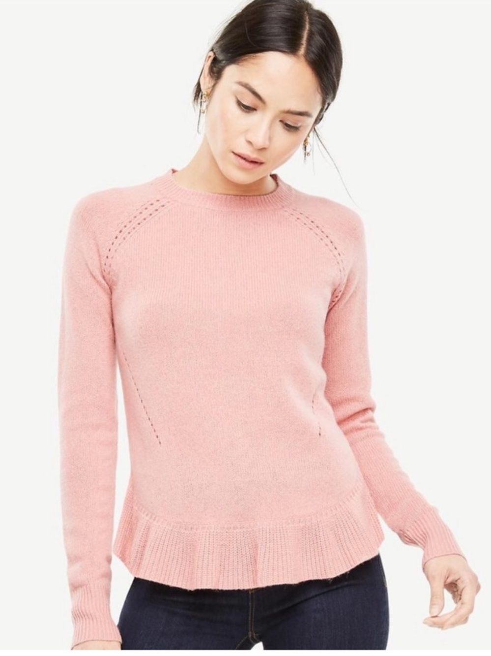 Ann Taylor Size Large Pink Ruffle Hem Peplum Crewneck Sweater Wool Cashmere